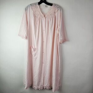 Shadowline Womens M Housecoat Robe Pink Button Front Pocket Vintage Sleepwear